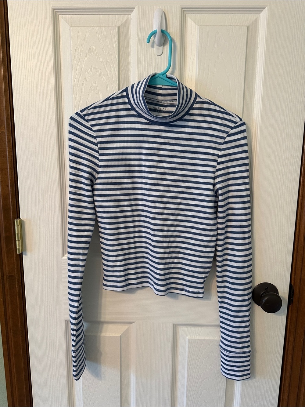 American Eagle Outfitters Navy & White Striped Turtleneck Long-Sleeve Top